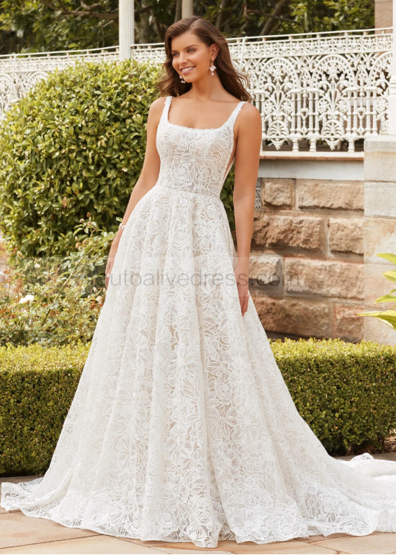 Square Neck Ivory Sequined Allover Lace Dreamy Wedding Dress